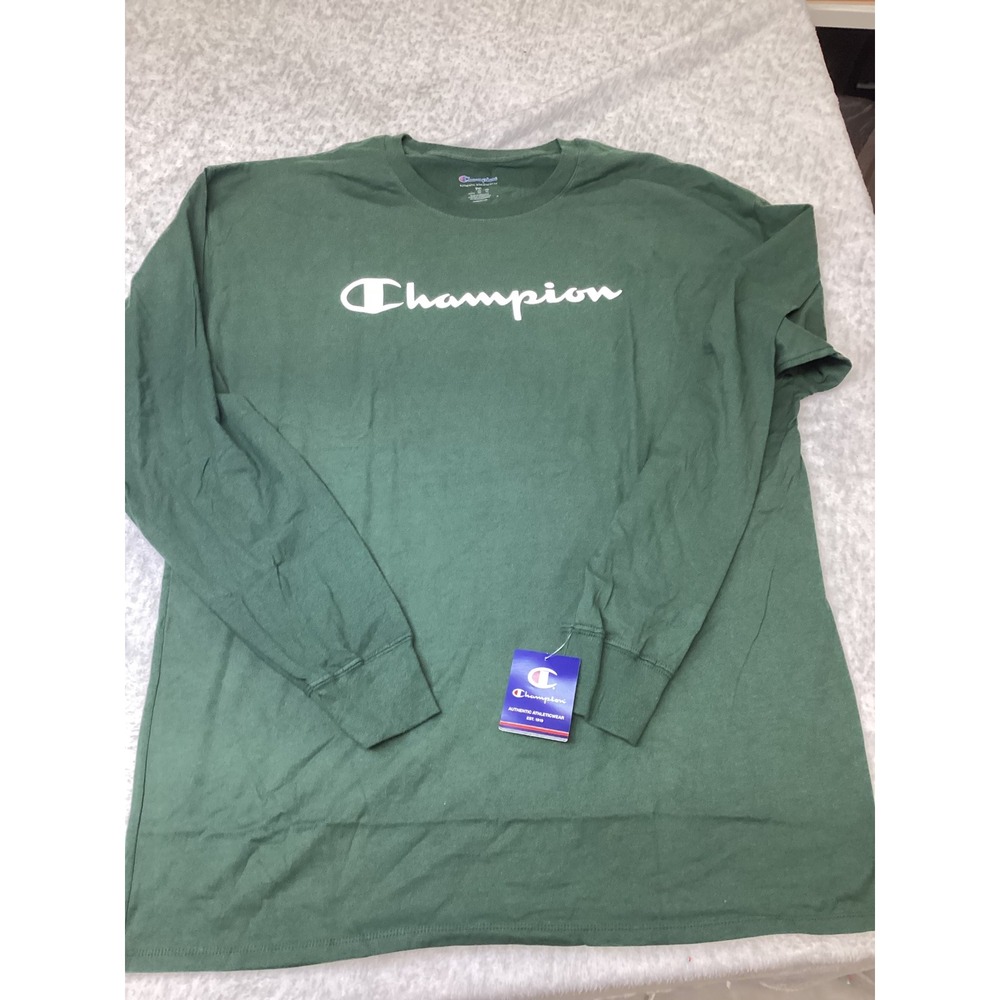 Champion Mens Long Sleeve Graphic T-Shirt Green Script Logo Cotton 2XL NWT